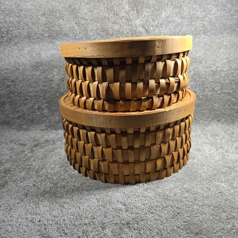 Woven Splint Baskets Natural Wood‎ Round Nesting Lidded Set of 2
